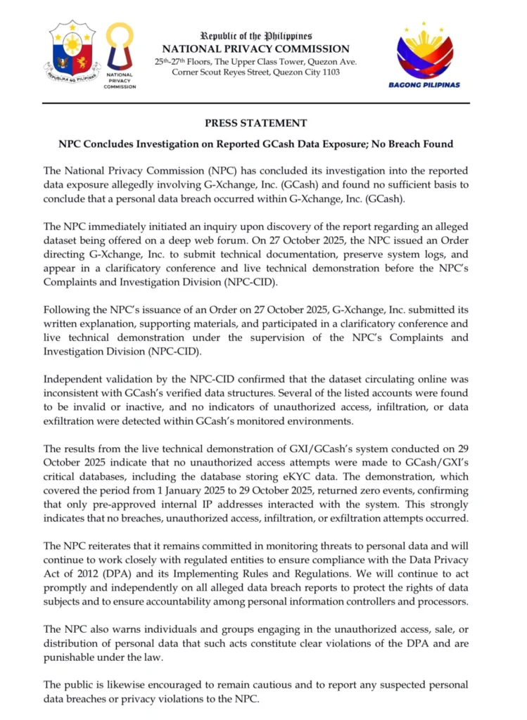 NPC finds no breach in GCash data exposure report 1 IMG 1331