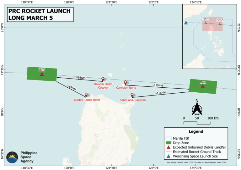 PhilSA warns public over possible debris from China’s Long March 5 rocket launch 12 map 20251023 LM5