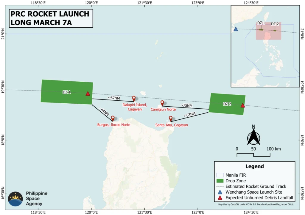 PhilSA confirms China’s Long March 7A rocket launch; debris expected to fall off Cagayan, Ilocos Norte 1 map 20251103 LM7A
