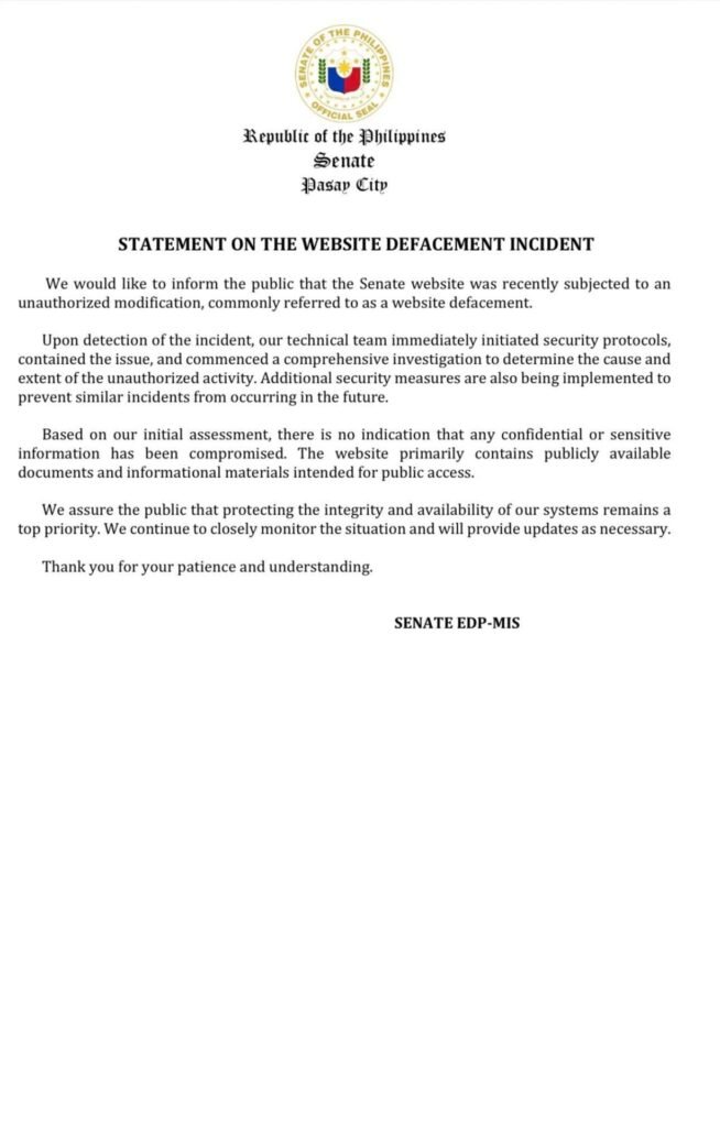 DICT, Senate say no sensitive data compromised in website defacement incident 2 IMG 2868