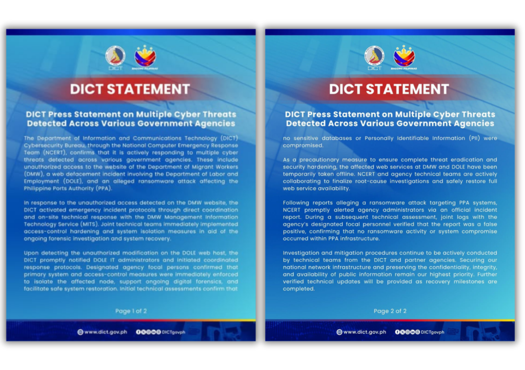 DICT responds to cyber threats hitting DMW, DOLE; PPA ransomware claim ruled false positive 1 DICT Sept. 8