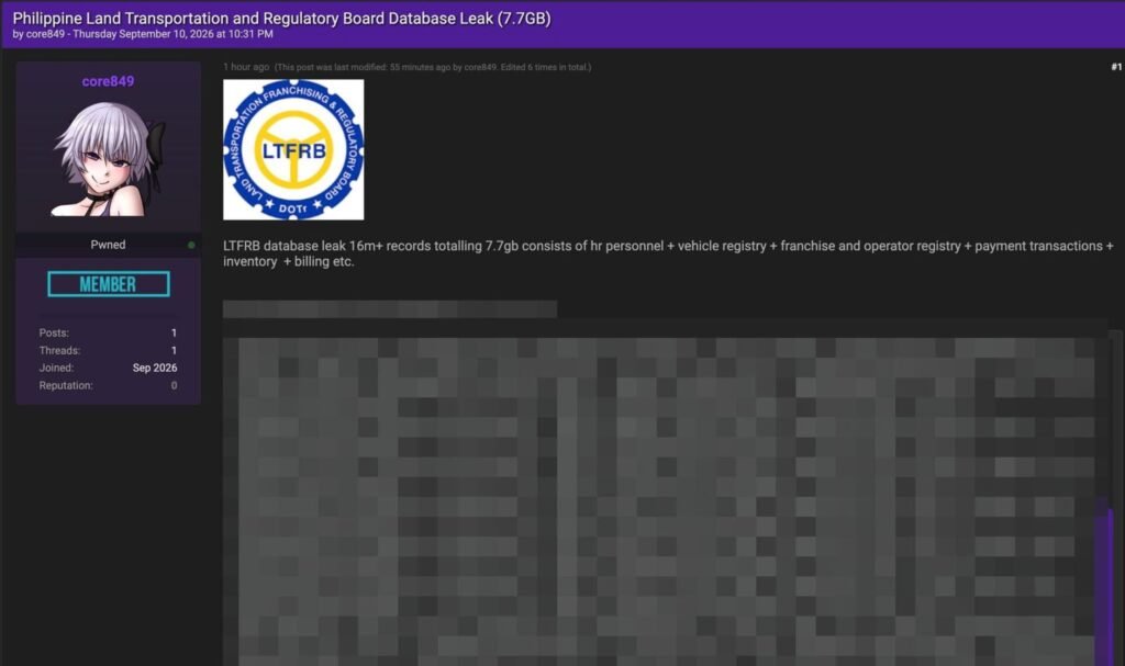 LTFRB allegedly hit by data breach, affecting 16 million records β Deep Web Konek 1 IMG 3037