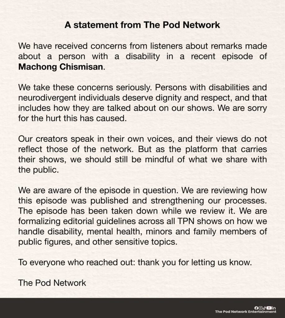 The Pod Network terminates ‘Machong Chismisan’ contract over disability-related remarks 2 viber image 2026 10 15 08 48 33 532